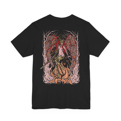 Image 4 of a Elden Ring T-shirt showcasing Malenia, Blade of Miquella, the most iconic boss of the game. A fierce goddess of war and twin of Miquella, she is revered for her flawless swordsmanship and feared for spreading Scarlet Rot. This artwork portrays her haunting elegance, symbolizing tragedy, devotion, and unstoppable power.