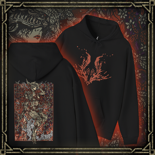 Thumbnail of a Hooded Sweatshirt featuring Malenia, Blade of Miquella from Elden Ring in a grim design, showcasing her formidable presence, iconic prosthetic arm, and deadly grace, perfect for fans who admire her relentless strength and tragic story in the Lands Between.