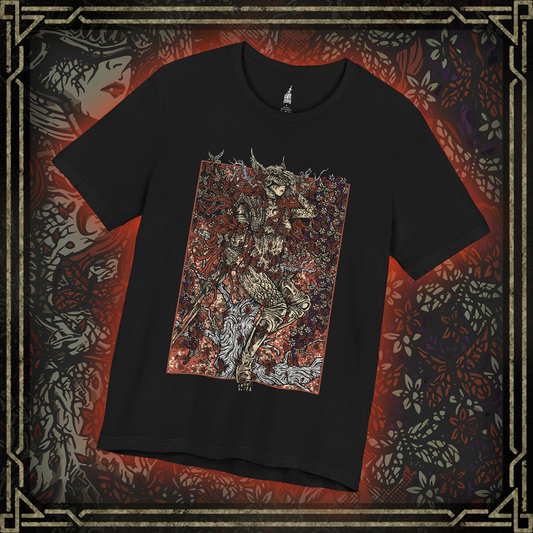 Thumbnail of a T-shirt featuring Malenia, Blade of Miquella from Elden Ring in a grim design, showcasing her formidable presence, iconic prosthetic arm, and deadly grace, perfect for fans who admire her relentless strength and tragic story in the Lands Between.