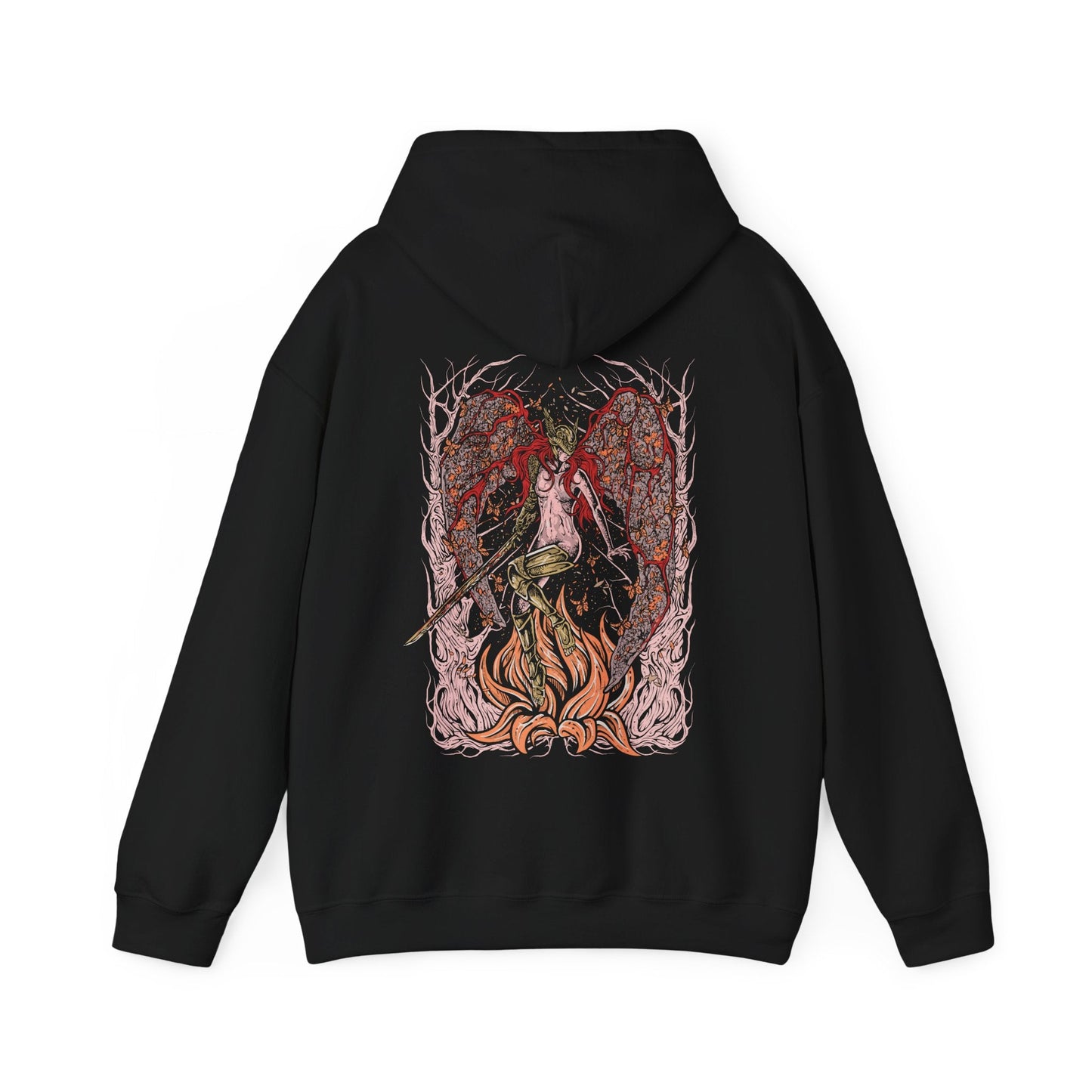 Image 4 of a Hooded Sweatshirt featuring Malenia, Blade of Miquella from Elden Ring, a tragic figure of unmatched skill whose loyalty to her brother drives her path through ruin. Stricken by Scarlet Rot yet never defeated in battle, Malenia represents sacrifice, corruption, and resilience. This design highlights her role as both warrior and symbol of unyielding devotion.