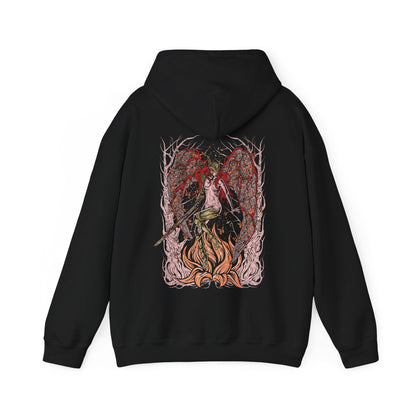 Image 4 of a Hooded Sweatshirt featuring Malenia, Blade of Miquella from Elden Ring, a tragic figure of unmatched skill whose loyalty to her brother drives her path through ruin. Stricken by Scarlet Rot yet never defeated in battle, Malenia represents sacrifice, corruption, and resilience. This design highlights her role as both warrior and symbol of unyielding devotion.