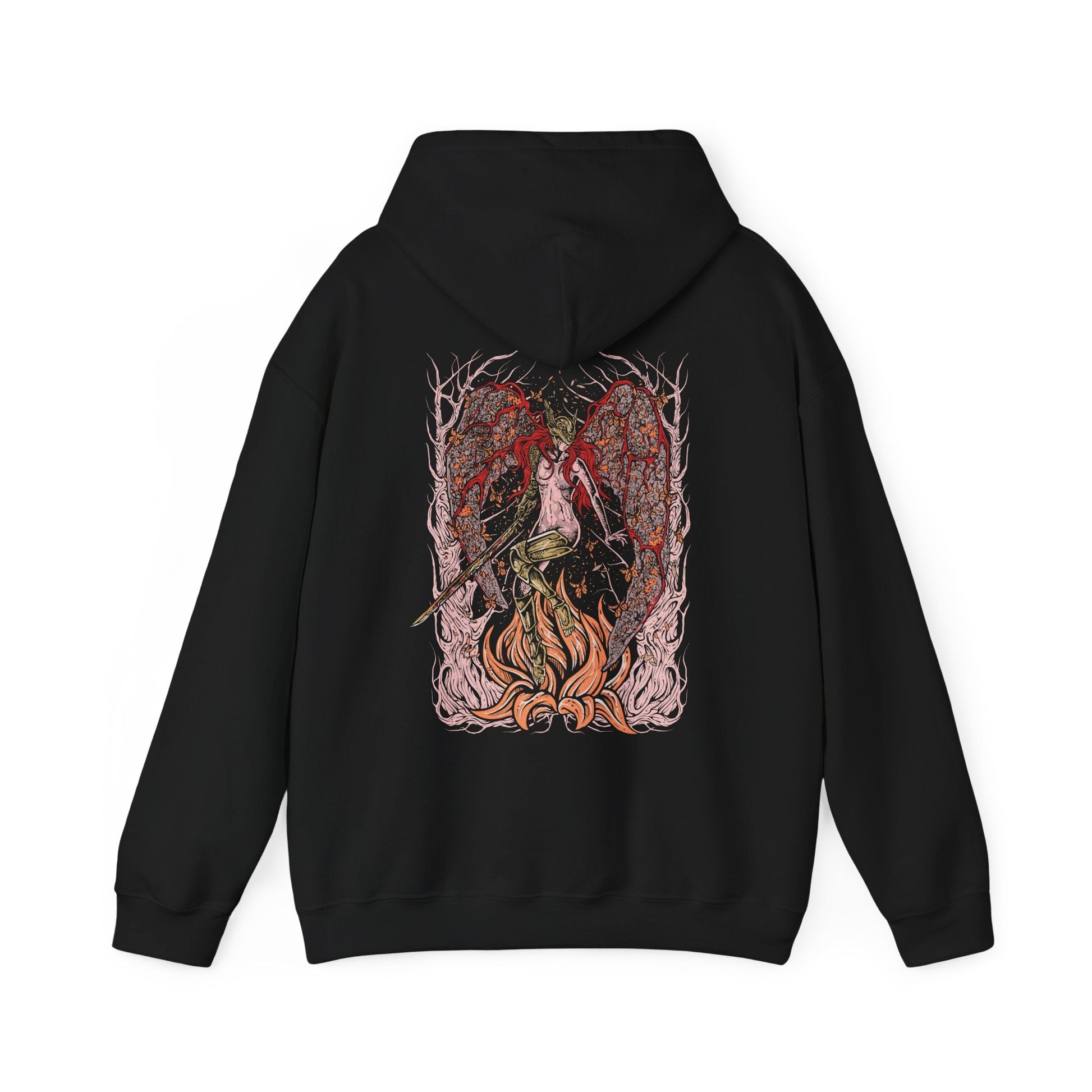 Image 5 of a Hooded Sweatshirt featuring Malenia, Blade of Miquella from Elden Ring, a tragic figure of unmatched skill whose loyalty to her brother drives her path through ruin. Stricken by Scarlet Rot yet never defeated in battle, Malenia represents sacrifice, corruption, and resilience. This design highlights her role as both warrior and symbol of unyielding devotion.