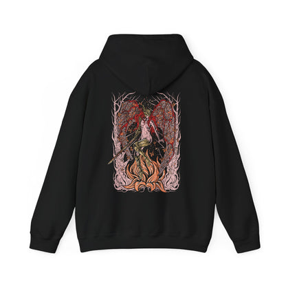 Image 5 of a Hooded Sweatshirt featuring Malenia, Blade of Miquella from Elden Ring, a tragic figure of unmatched skill whose loyalty to her brother drives her path through ruin. Stricken by Scarlet Rot yet never defeated in battle, Malenia represents sacrifice, corruption, and resilience. This design highlights her role as both warrior and symbol of unyielding devotion.