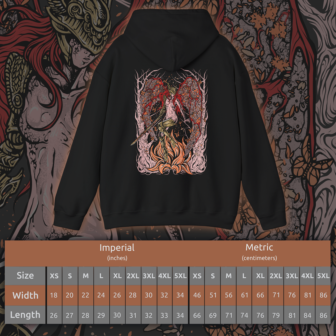 Size chart of a Hooded Sweatshirt featuring Malenia, Blade of Miquella from Elden Ring, a tragic figure of unmatched skill whose loyalty to her brother drives her path through ruin. Stricken by Scarlet Rot yet never defeated in battle, Malenia represents sacrifice, corruption, and resilience. This design highlights her role as both warrior and symbol of unyielding devotion.
