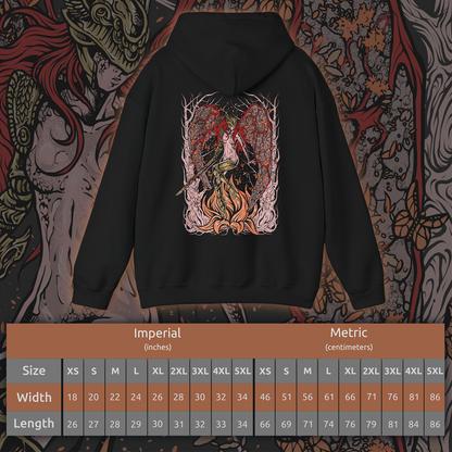 Size chart of a Hooded Sweatshirt featuring Malenia, Blade of Miquella from Elden Ring, a tragic figure of unmatched skill whose loyalty to her brother drives her path through ruin. Stricken by Scarlet Rot yet never defeated in battle, Malenia represents sacrifice, corruption, and resilience. This design highlights her role as both warrior and symbol of unyielding devotion.