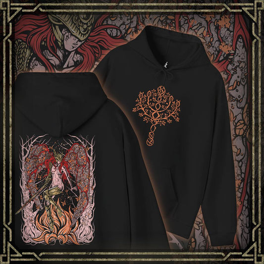 Thumbnail of a Hooded Sweatshirt featuring Malenia, Blade of Miquella from Elden Ring, a tragic figure of unmatched skill whose loyalty to her brother drives her path through ruin. Stricken by Scarlet Rot yet never defeated in battle, Malenia represents sacrifice, corruption, and resilience. This design highlights her role as both warrior and symbol of unyielding devotion.