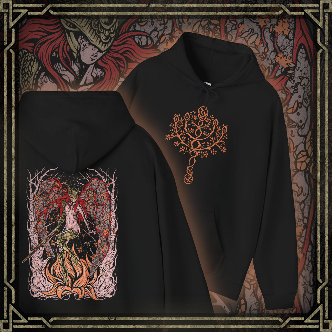 Thumbnail of a Hooded Sweatshirt featuring Malenia, Blade of Miquella from Elden Ring, a tragic figure of unmatched skill whose loyalty to her brother drives her path through ruin. Stricken by Scarlet Rot yet never defeated in battle, Malenia represents sacrifice, corruption, and resilience. This design highlights her role as both warrior and symbol of unyielding devotion.