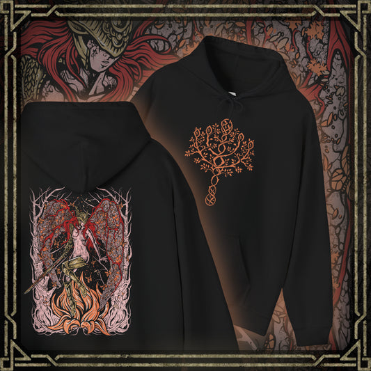 Thumbnail of a Hooded Sweatshirt featuring Malenia, Blade of Miquella from Elden Ring, a tragic figure of unmatched skill whose loyalty to her brother drives her path through ruin. Stricken by Scarlet Rot yet never defeated in battle, Malenia represents sacrifice, corruption, and resilience. This design highlights her role as both warrior and symbol of unyielding devotion.
