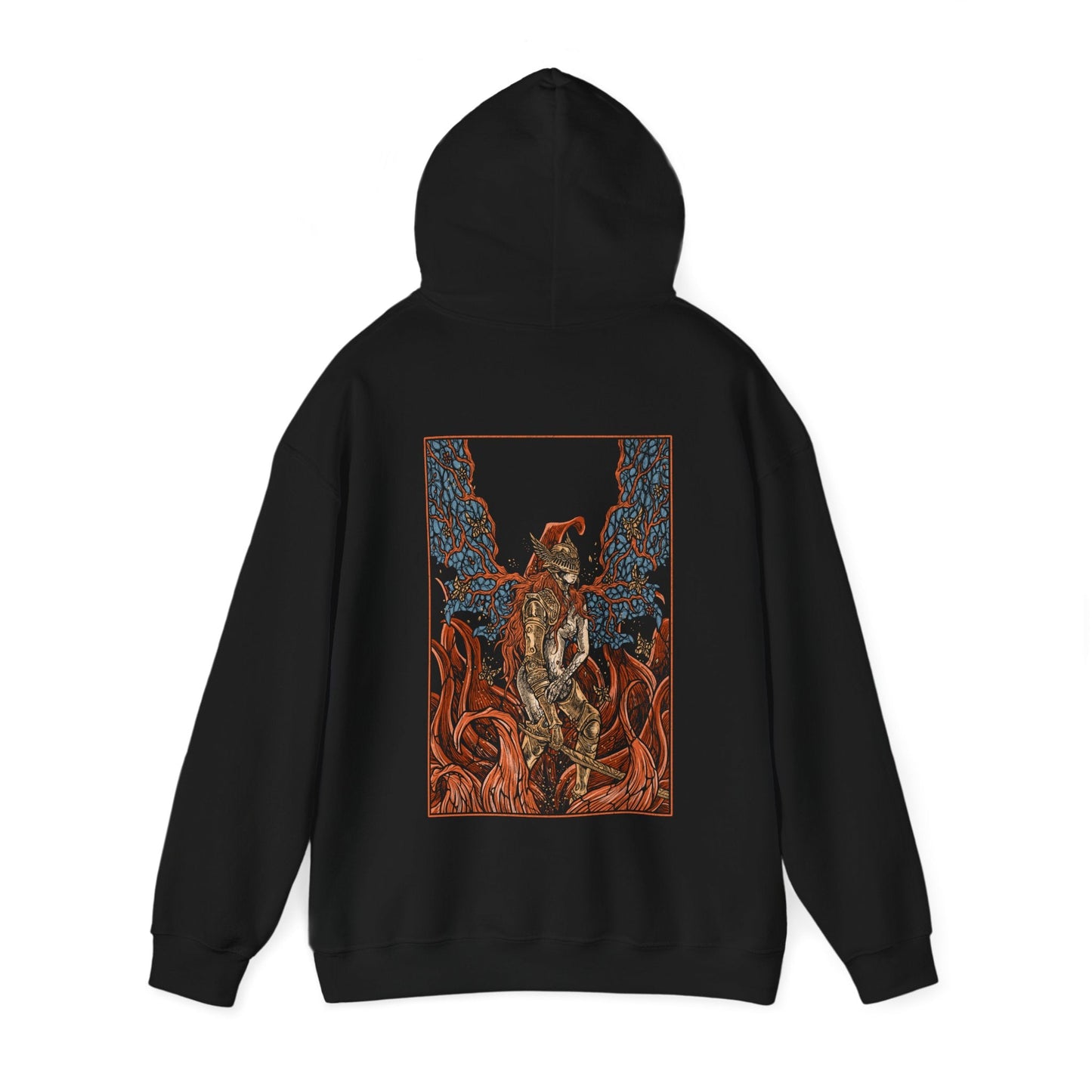 Image number 4 of a Hooded Sweatshirt featuring Malenia, Blade of Miquella, in her Scarlet Bloom form from Elden Ring, showcasing her radiant yet deadly transformation, perfect for fans who admire her beauty, strength, and tragic role in the Lands Between.