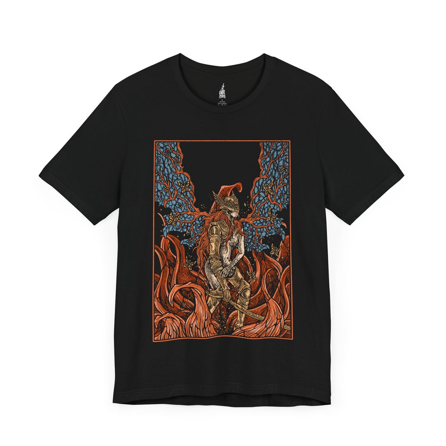 Image number 3 of a Black T-shirt featuring Malenia, Blade of Miquella, in her Scarlet Bloom form from Elden Ring, showcasing her radiant yet deadly transformation, perfect for fans who admire her beauty, strength, and tragic role in the Lands Between.