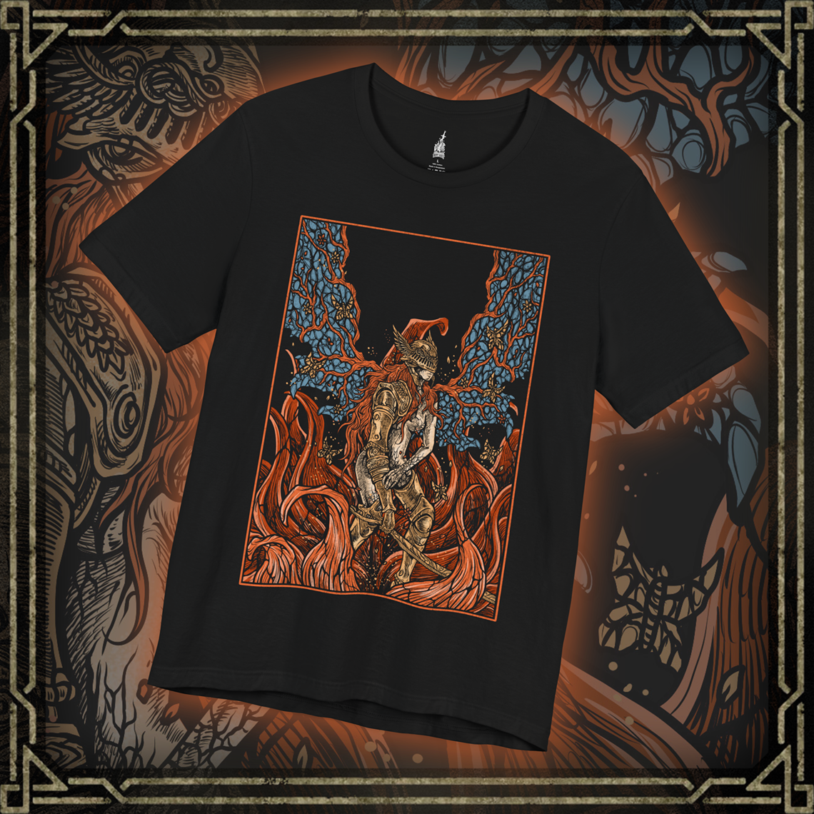 Thumbnail of a T-shirt featuring Malenia, Blade of Miquella, in her Scarlet Bloom form from Elden Ring, showcasing her radiant yet deadly transformation, perfect for fans who admire her beauty, strength, and tragic role in the Lands Between.