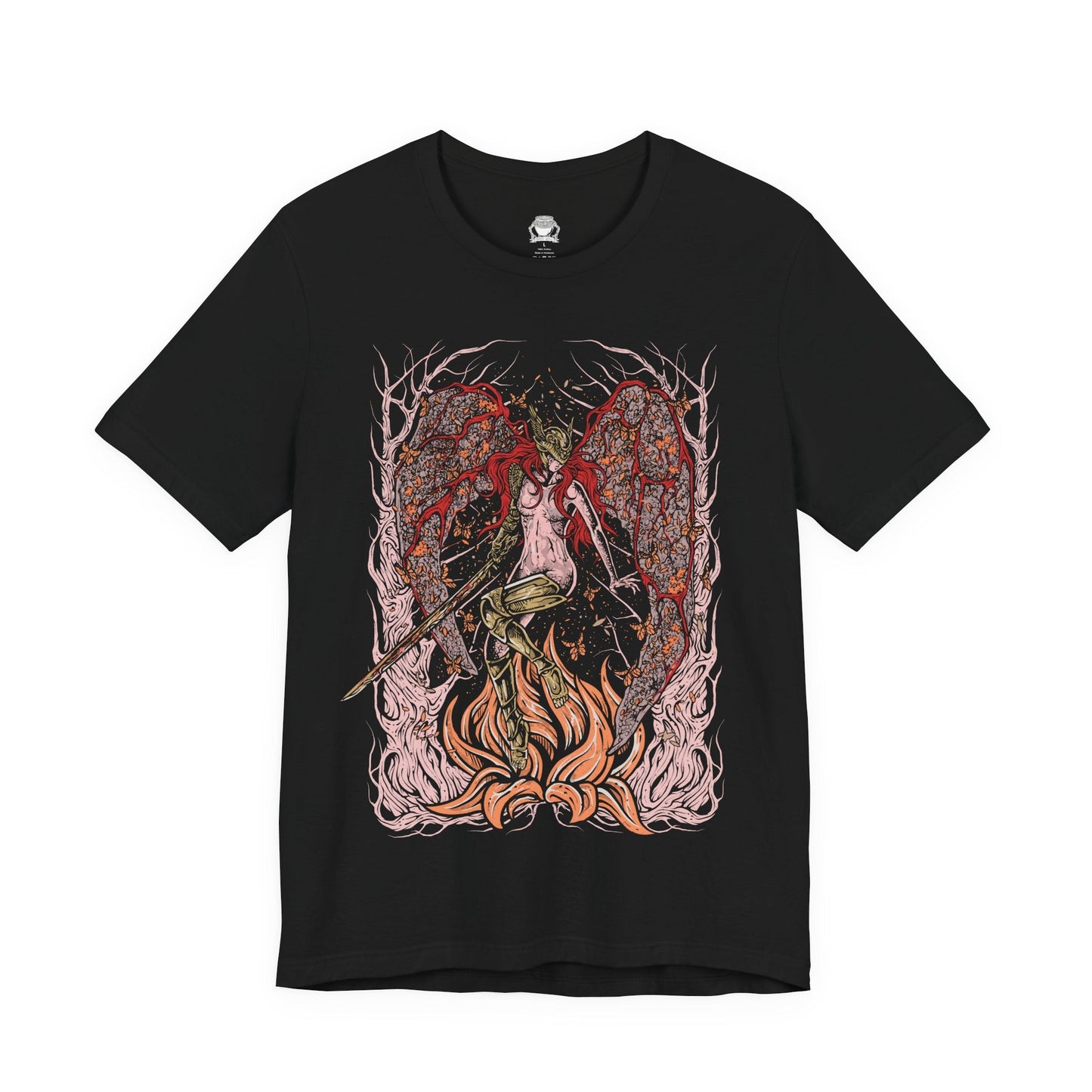 Image 4 of a T-shirt featuring Malenia, Blade of Miquella from Elden Ring, the undefeated demigod warrior whose grace and blade strike fear across the Lands Between. Known for her legendary duel against General Radahn and her cursed Scarlet Rot, Malenia embodies both beauty and decay. This design captures her poised strength as she fights in devotion to her brother Miquella.