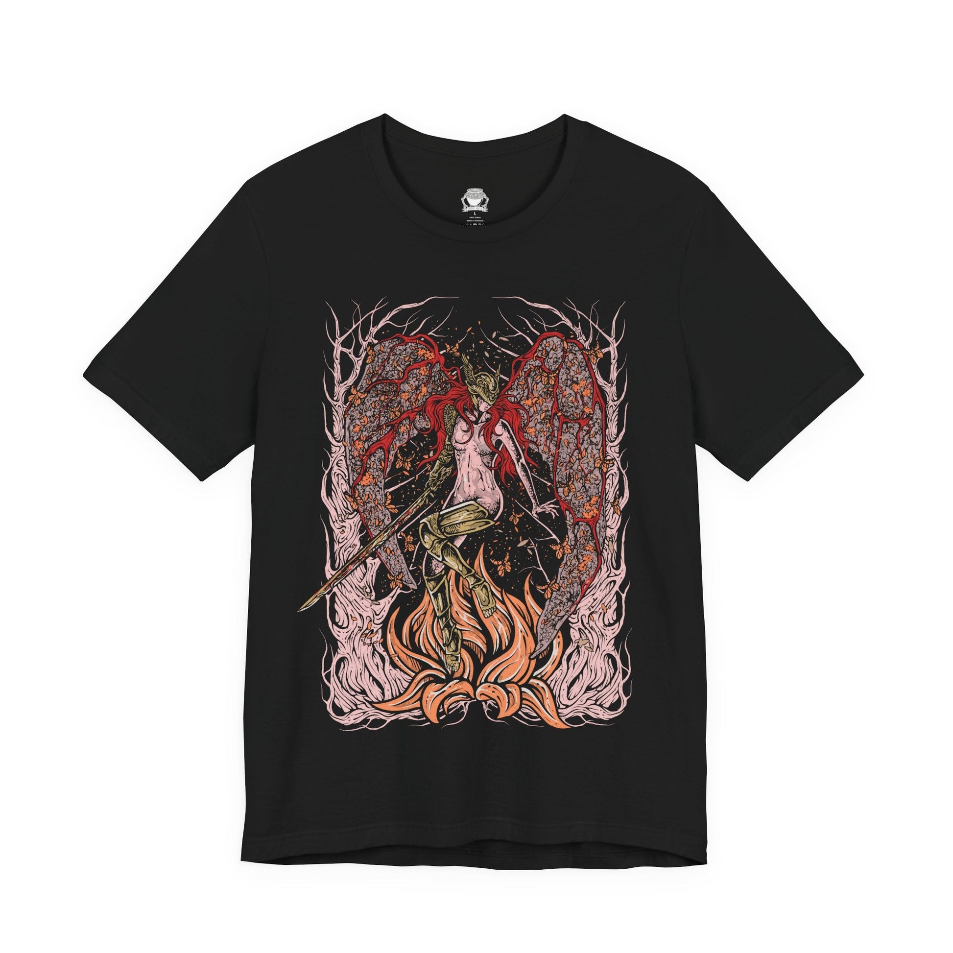 Image 4 of a T-shirt featuring Malenia, Blade of Miquella from Elden Ring, the undefeated demigod warrior whose grace and blade strike fear across the Lands Between. Known for her legendary duel against General Radahn and her cursed Scarlet Rot, Malenia embodies both beauty and decay. This design captures her poised strength as she fights in devotion to her brother Miquella.