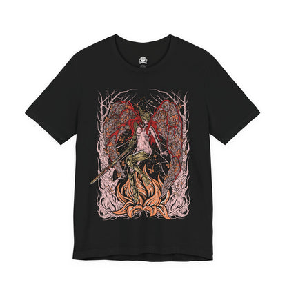 Image 4 of a T-shirt featuring Malenia, Blade of Miquella from Elden Ring, the undefeated demigod warrior whose grace and blade strike fear across the Lands Between. Known for her legendary duel against General Radahn and her cursed Scarlet Rot, Malenia embodies both beauty and decay. This design captures her poised strength as she fights in devotion to her brother Miquella.