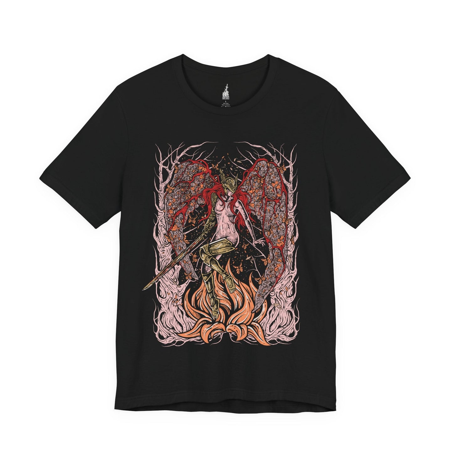 Image 3 of a Black T-shirt featuring Malenia, Blade of Miquella from Elden Ring, the undefeated demigod warrior whose grace and blade strike fear across the Lands Between. Known for her legendary duel against General Radahn and her cursed Scarlet Rot, Malenia embodies both beauty and decay. This design captures her poised strength as she fights in devotion to her brother Miquella.