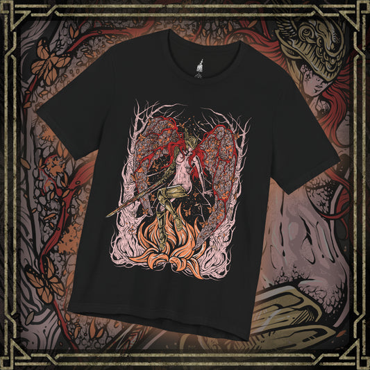 Thumbnail of a T-shirt featuring Malenia, Blade of Miquella from Elden Ring, the undefeated demigod warrior whose grace and blade strike fear across the Lands Between. Known for her legendary duel against General Radahn and her cursed Scarlet Rot, Malenia embodies both beauty and decay. This design captures her poised strength as she fights in devotion to her brother Miquella.