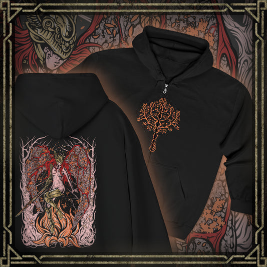 Thumbnail of a Zip-up Hooded Sweatshirt featuring Malenia, Blade of Miquella from Elden Ring, the undefeated demigod and twin of Miquella. Known for her graceful yet deadly swordsmanship, she stands as one of the most iconic figures in the Lands Between. Cursed by Scarlet Rot yet unbroken in spirit, Malenia embodies both divine beauty and unstoppable will. This design captures her tragic power and her vow to protect Miquella at all costs.