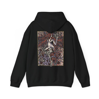 Image 5 of a Hooded Sweatshirt featuring Malenia, Goddess of Rot from Elden Ring, the undefeated blade who succumbed to the Scarlet Rot yet retained her grace in battle. Clad in crimson armor and wielding her iconic prosthetic arm and katana, Malenia stands as a tragic symbol of beauty, decay, and unrelenting will. This design captures her poised stance and divine fury at the heart of the Haligtree.