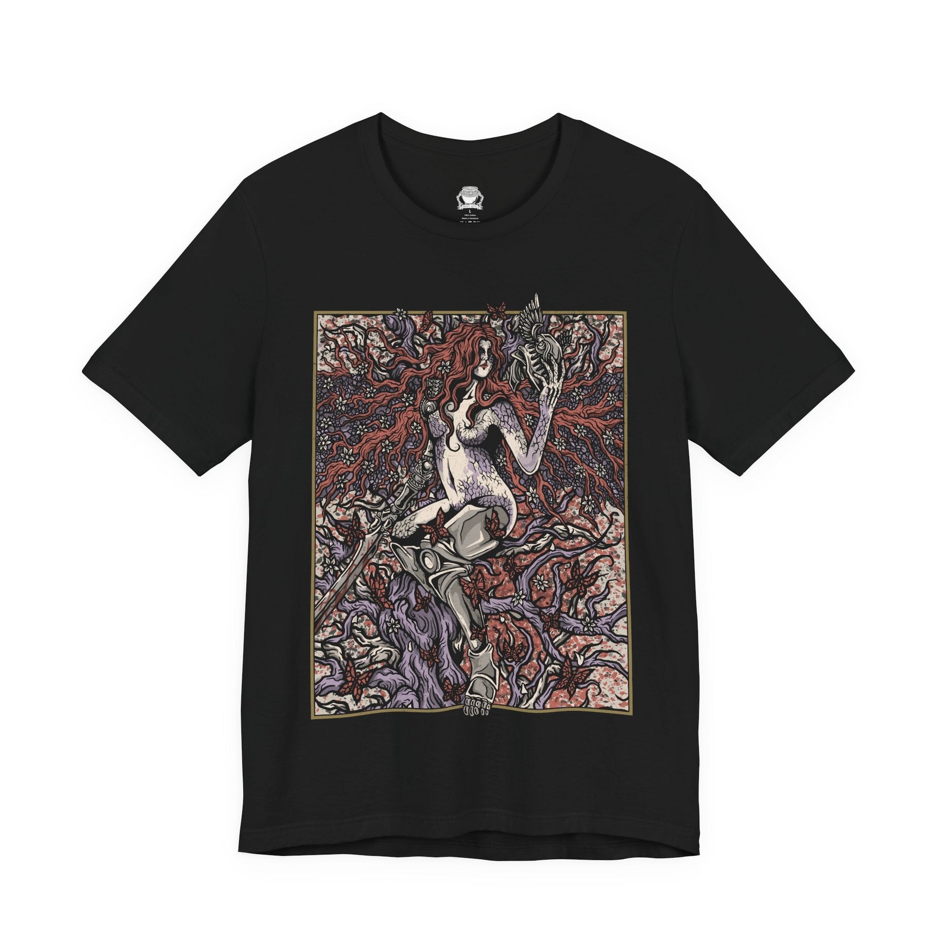 Image 4 of a T-shirt featuring Malenia, Goddess of Rot from Elden Ring, the fearsome demigod whose elegance masks a devastating curse. Wielding her prosthetic katana with unmatched precision, Malenia is both graceful and deadly. This design captures her second form, where Scarlet Rot blooms in divine wrath, symbolizing beauty entwined with decay in one of the game’s most iconic battles.
