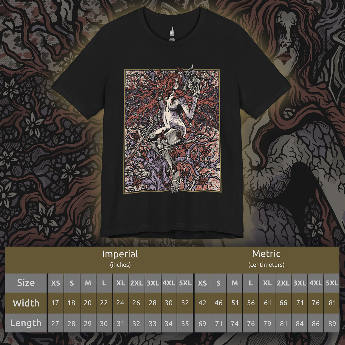Size chart of a T-shirt featuring Malenia, Goddess of Rot from Elden Ring, the fearsome demigod whose elegance masks a devastating curse. Wielding her prosthetic katana with unmatched precision, Malenia is both graceful and deadly. This design captures her second form, where Scarlet Rot blooms in divine wrath, symbolizing beauty entwined with decay in one of the game’s most iconic battles.