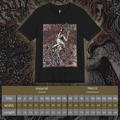 Size chart of a T-shirt featuring Malenia, Goddess of Rot from Elden Ring, the fearsome demigod whose elegance masks a devastating curse. Wielding her prosthetic katana with unmatched precision, Malenia is both graceful and deadly. This design captures her second form, where Scarlet Rot blooms in divine wrath, symbolizing beauty entwined with decay in one of the game’s most iconic battles.