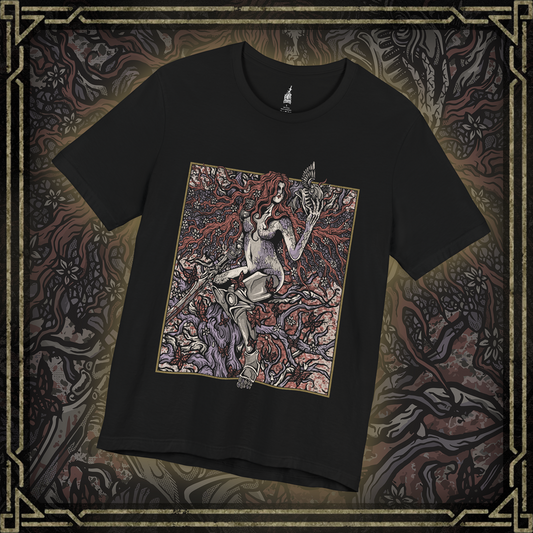 Thumbnail of a T-shirt featuring Malenia, Goddess of Rot from Elden Ring, designed for Tarnished adventurers in the Lands Between aiming to become Elden Lord, showcasing the power and allure of the Rot.