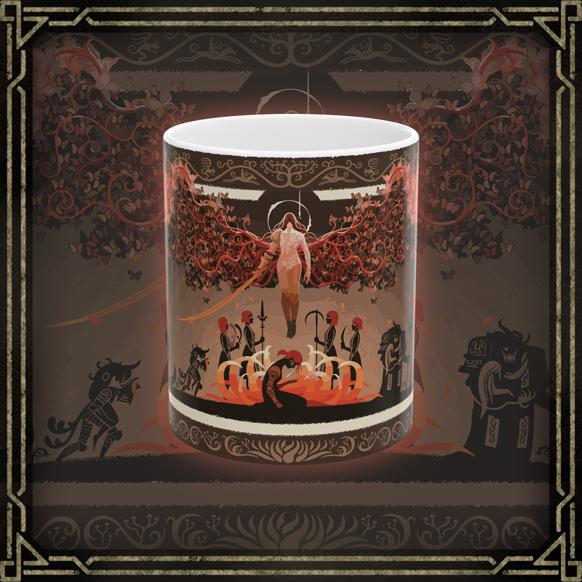 Thumbnail of a Mug featuring Malenia, Goddess of Rot from Elden Ring, adorned with a haunting design that captures her duality as a graceful warrior and a harbinger of decay, showcasing her flowing scarlet hair, intricate armor, and the crimson aura of the Scarlet Rot, perfect for fans of her tragic yet powerful legacy in the Lands Between.