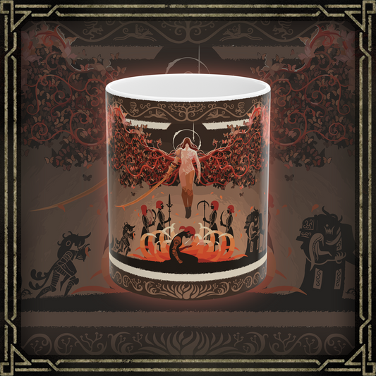 Thumbnail of a Mug featuring Malenia, Goddess of Rot from Elden Ring, adorned with a haunting design that captures her duality as a graceful warrior and a harbinger of decay, showcasing her flowing scarlet hair, intricate armor, and the crimson aura of the Scarlet Rot, perfect for fans of her tragic yet powerful legacy in the Lands Between.