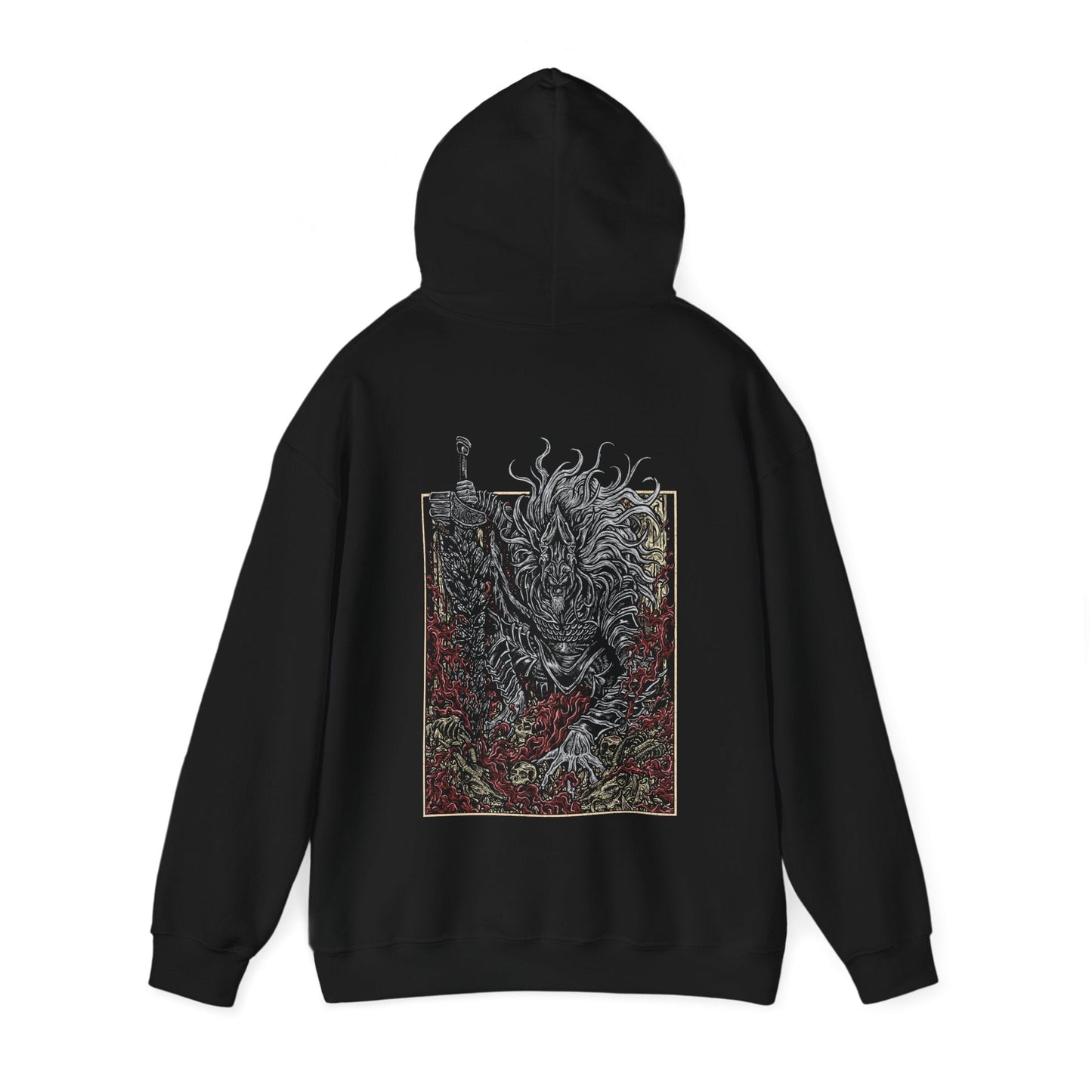 Image number 4 of a Hooded Sweatshirt featuring Maliketh, the Black Blade from Elden Ring in a grim design, highlighting his dark, fearsome appearance and connection to the Rune of Death, perfect for fans who appreciate his powerful role and tragic backstory in the Lands Between.