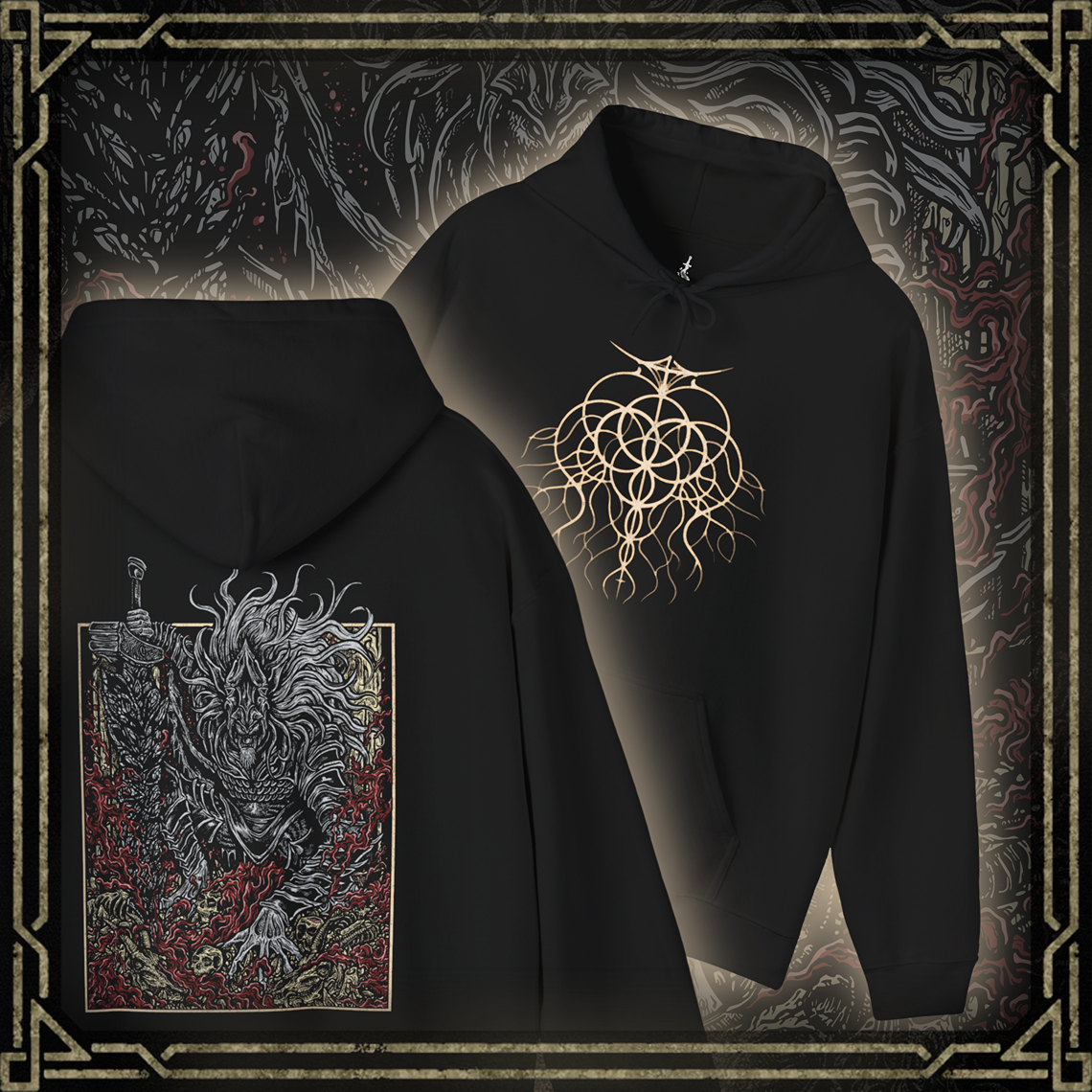 Thumbnail of a Hooded Sweatshirt featuring Maliketh, the Black Blade from Elden Ring in a grim design, highlighting his dark, fearsome appearance and connection to the Rune of Death, perfect for fans who appreciate his powerful role and tragic backstory in the Lands Between.