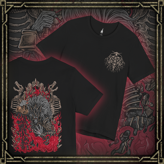 Thumbnail of a T-shirt featuring Maliketh, the Black Blade from Elden Ring, guardian of Destined Death and Marika’s loyal shadow. Clad in blackened armor and wielding a red-bladed greatsword, Maliketh channels the power of death itself. This design captures his fearsome agility, divine loyalty, and the cosmic weight of his sacred duty.