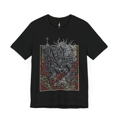 Image number 3 of a Black T-shirt featuring Maliketh, the Black Blade from Elden Ring in a grim design, highlighting his dark, fearsome appearance and connection to the Rune of Death, perfect for fans who appreciate his powerful role and tragic backstory in the Lands Between.