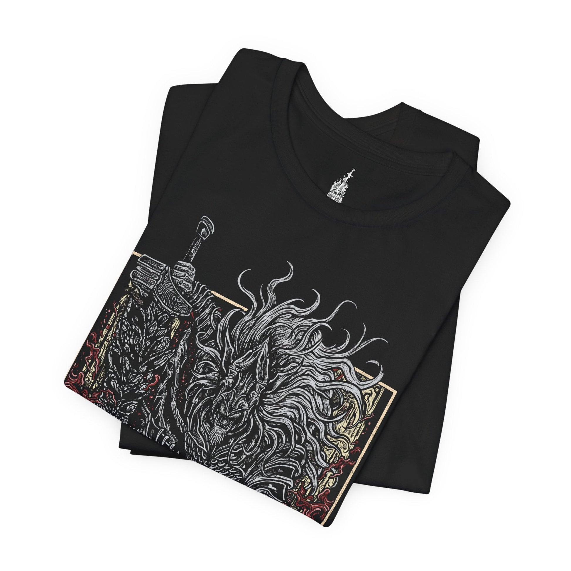 Folded T-shirt featuring Maliketh, the Black Blade from Elden Ring in a grim design, highlighting his dark, fearsome appearance and connection to the Rune of Death, perfect for fans who appreciate his powerful role and tragic backstory in the Lands Between.