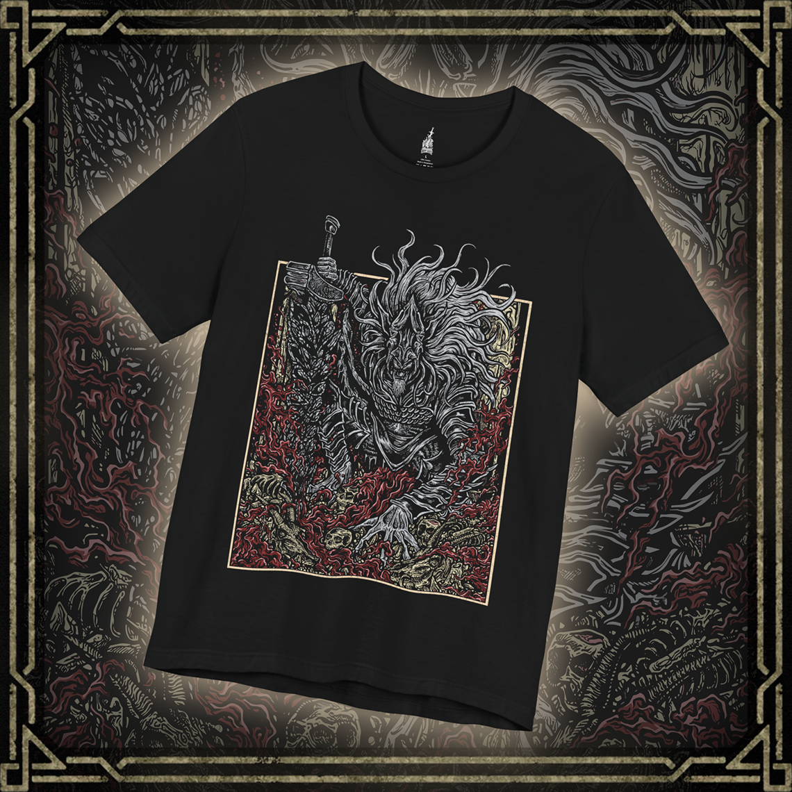 Thumbnail of a T-shirt featuring Maliketh, the Black Blade from Elden Ring in a grim design, highlighting his dark, fearsome appearance and connection to the Rune of Death, perfect for fans who appreciate his powerful role and tragic backstory in the Lands Between.