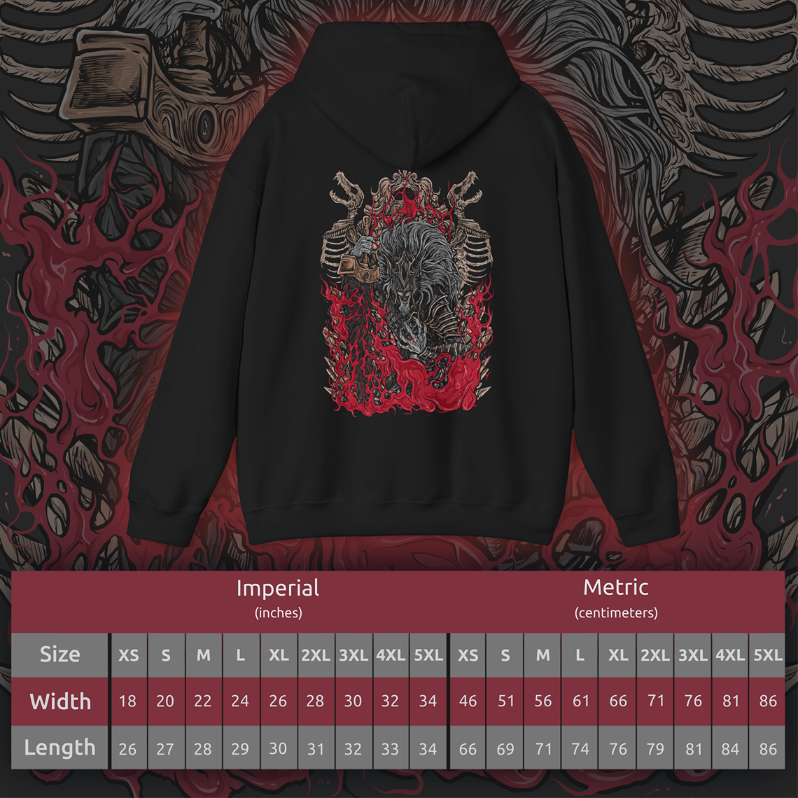 Size chart of a Hooded Sweatshirt showcasing Maliketh, the Black Blade, a towering warrior-beast in Elden Ring who sealed away Destined Death to preserve the Golden Order. His feral grace and shadowy armor reflect both martial mastery and burdened loyalty. This artwork honors his pivotal role in the Erdtree’s dark legacy and the shattering of fate.