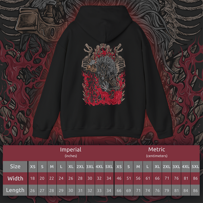 Size chart of a Hooded Sweatshirt showcasing Maliketh, the Black Blade, a towering warrior-beast in Elden Ring who sealed away Destined Death to preserve the Golden Order. His feral grace and shadowy armor reflect both martial mastery and burdened loyalty. This artwork honors his pivotal role in the Erdtree’s dark legacy and the shattering of fate.
