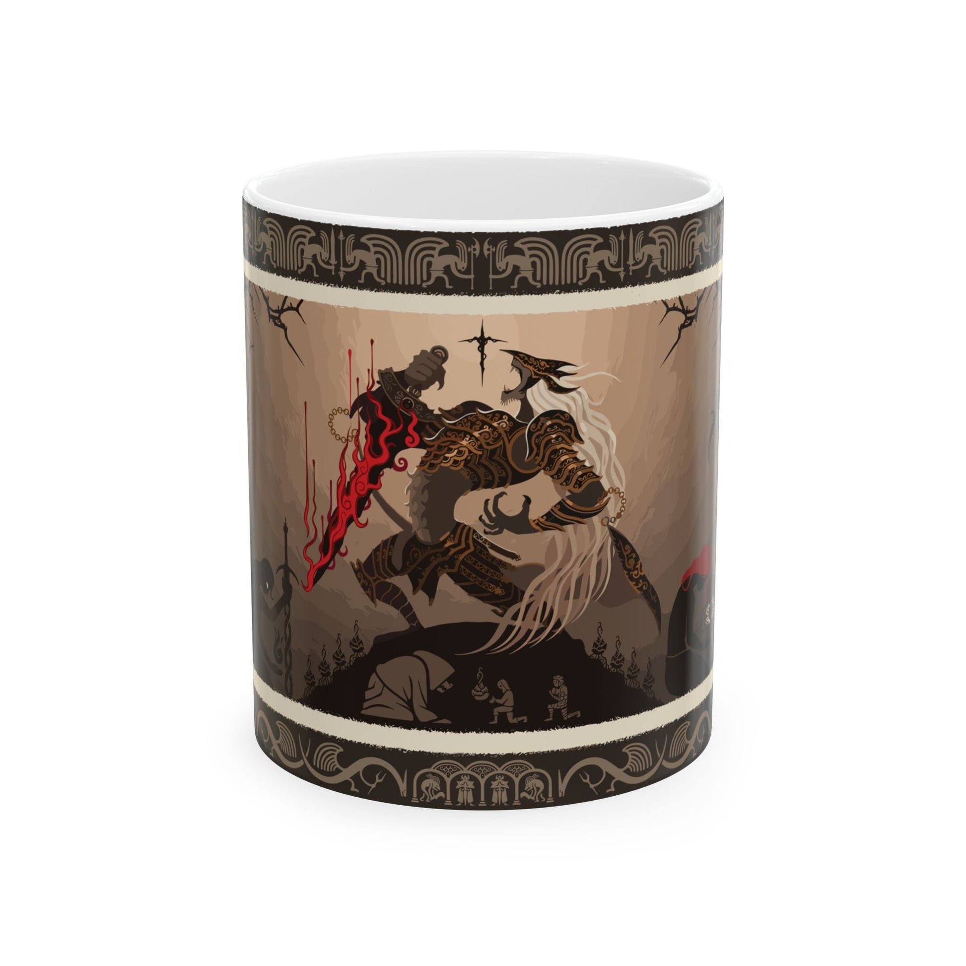 Image number 3 of a 11oz Mug featuring Maliketh, the Black Blade from Elden Ring, showcasing his fierce presence and dark power as the guardian of the Rune of Death. The design highlights his fearsome form, shadowy wings, and his iconic black blade, ideal for fans who revere his tragic role and the ancient, untold history he embodies in the Lands Between.