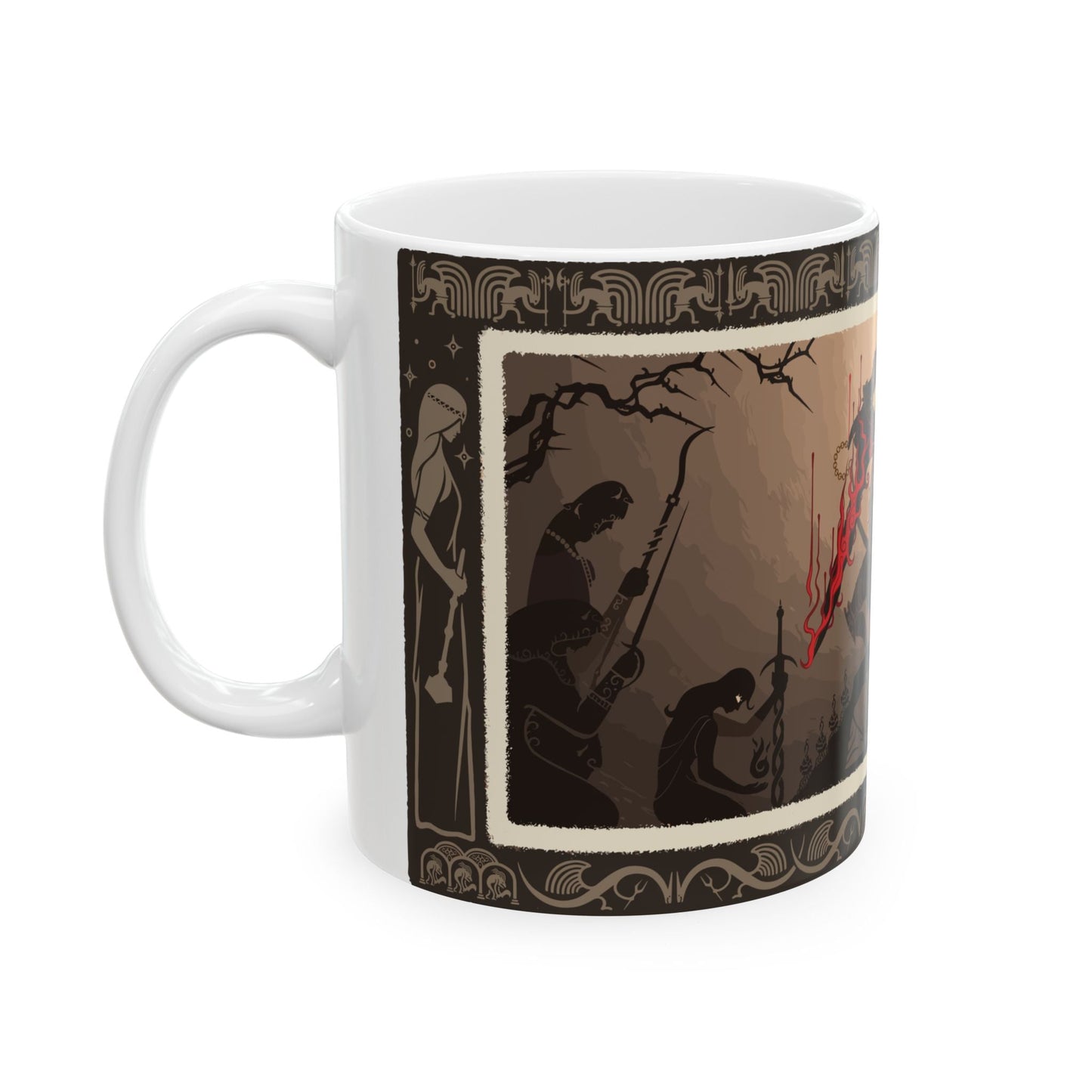 Image number 4 of a Mug featuring Maliketh, the Black Blade from Elden Ring, showcasing his fierce presence and dark power as the guardian of the Rune of Death. The design highlights his fearsome form, shadowy wings, and his iconic black blade, ideal for fans who revere his tragic role and the ancient, untold history he embodies in the Lands Between.