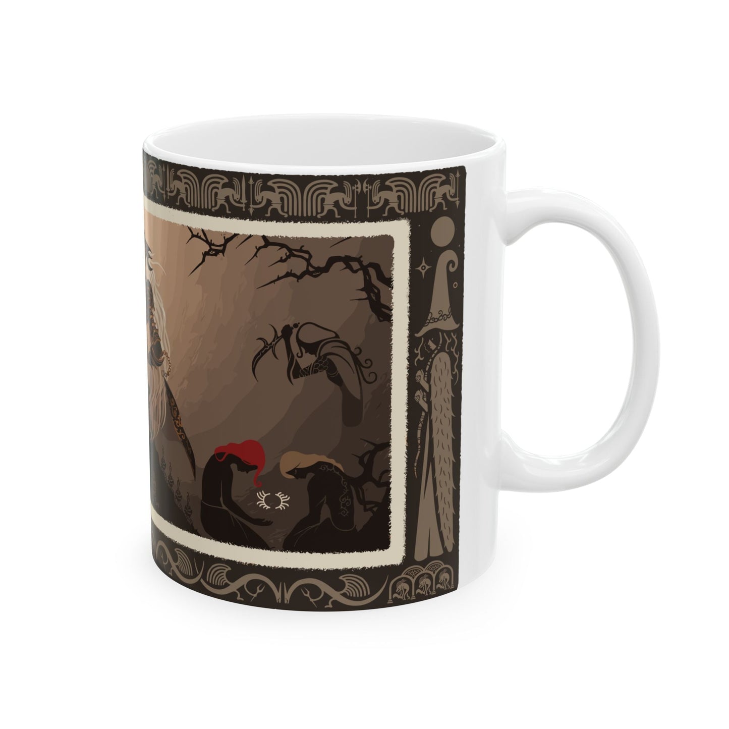 Image number 5 of a Mug featuring Maliketh, the Black Blade from Elden Ring, showcasing his fierce presence and dark power as the guardian of the Rune of Death. The design highlights his fearsome form, shadowy wings, and his iconic black blade, ideal for fans who revere his tragic role and the ancient, untold history he embodies in the Lands Between.