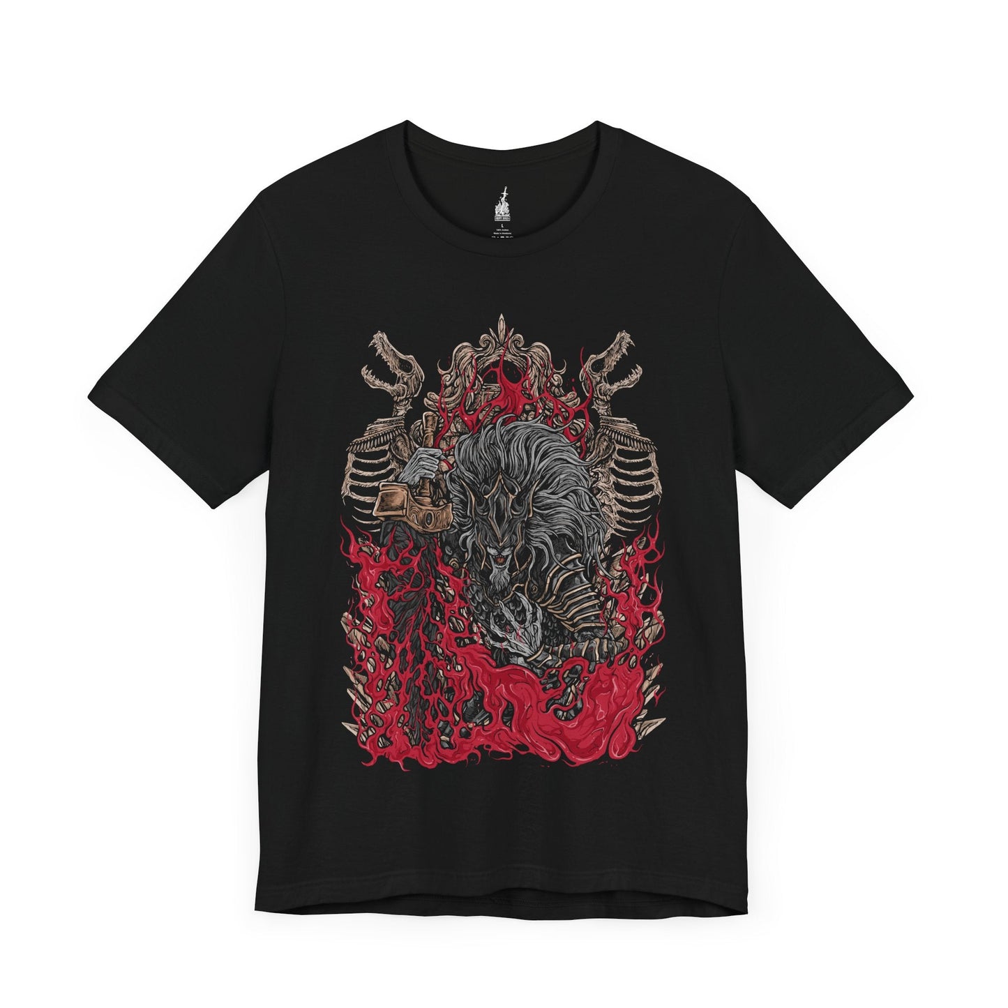 Image 3 of a Black T-shirt featuring Maliketh, the Black Blade from Elden Ring, the loyal shadow of Queen Marika and wielder of Destined Death. Clad in obsidian armor and wielding his signature blade, Maliketh stands as the final guardian of forbidden truth. This design captures his dynamic, beast-like form—embodying honor, tragedy, and divine power.