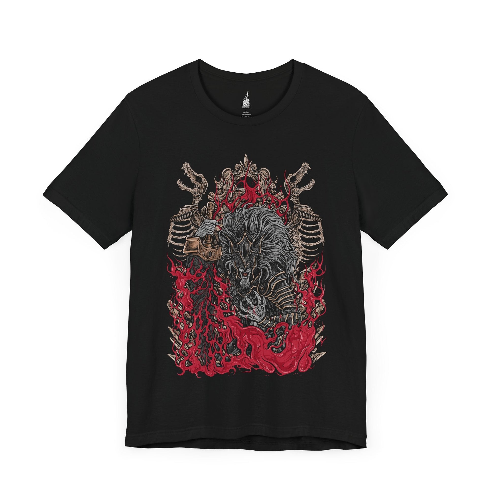 Image 3 of a Black T-shirt featuring Maliketh, the Black Blade from Elden Ring, the loyal shadow of Queen Marika and wielder of Destined Death. Clad in obsidian armor and wielding his signature blade, Maliketh stands as the final guardian of forbidden truth. This design captures his dynamic, beast-like form—embodying honor, tragedy, and divine power.