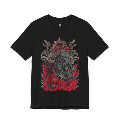 Image 3 of a Black T-shirt featuring Maliketh, the Black Blade from Elden Ring, the loyal shadow of Queen Marika and wielder of Destined Death. Clad in obsidian armor and wielding his signature blade, Maliketh stands as the final guardian of forbidden truth. This design captures his dynamic, beast-like form—embodying honor, tragedy, and divine power.