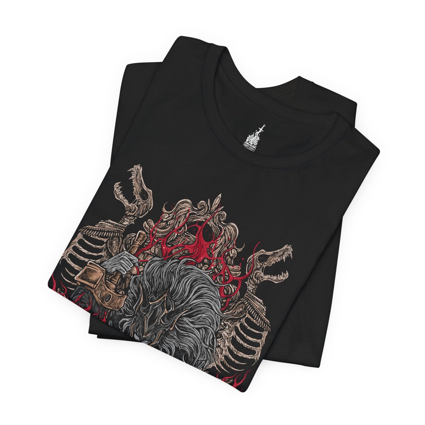 Folded T-shirt featuring Maliketh, the Black Blade from Elden Ring, the loyal shadow of Queen Marika and wielder of Destined Death. Clad in obsidian armor and wielding his signature blade, Maliketh stands as the final guardian of forbidden truth. This design captures his dynamic, beast-like form—embodying honor, tragedy, and divine power.