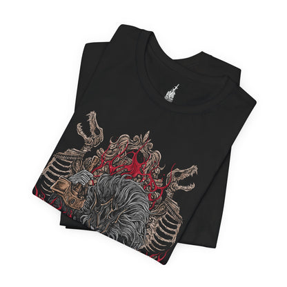 Folded T-shirt featuring Maliketh, the Black Blade from Elden Ring, the loyal shadow of Queen Marika and wielder of Destined Death. Clad in obsidian armor and wielding his signature blade, Maliketh stands as the final guardian of forbidden truth. This design captures his dynamic, beast-like form—embodying honor, tragedy, and divine power.