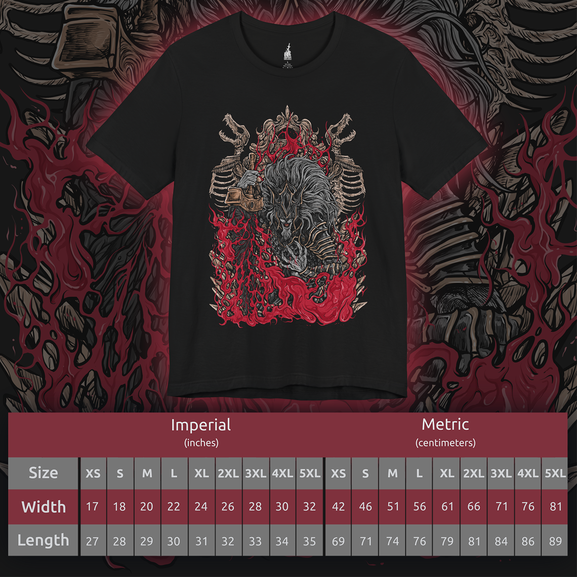 Size chart of a T-shirt featuring Maliketh, the Black Blade from Elden Ring, the loyal shadow of Queen Marika and wielder of Destined Death. Clad in obsidian armor and wielding his signature blade, Maliketh stands as the final guardian of forbidden truth. This design captures his dynamic, beast-like form—embodying honor, tragedy, and divine power.