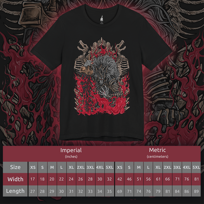 Size chart of a T-shirt featuring Maliketh, the Black Blade from Elden Ring, the loyal shadow of Queen Marika and wielder of Destined Death. Clad in obsidian armor and wielding his signature blade, Maliketh stands as the final guardian of forbidden truth. This design captures his dynamic, beast-like form—embodying honor, tragedy, and divine power.