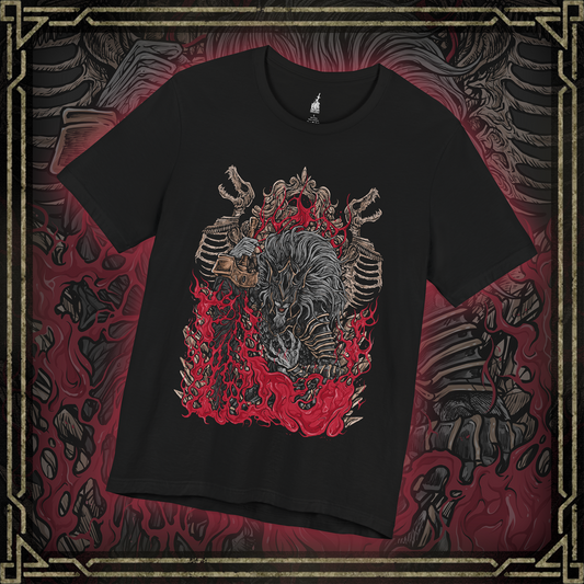 Thumbnail of a T-shirt featuring Maliketh, the Black Blade from Elden Ring, the loyal shadow of Queen Marika and wielder of Destined Death. Clad in obsidian armor and wielding his signature blade, Maliketh stands as the final guardian of forbidden truth. This design captures his dynamic, beast-like form—embodying honor, tragedy, and divine power.