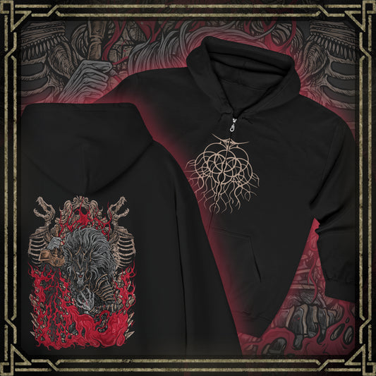 Thumbnail of a Zip-up Hooded Sweatshirt featuring Maliketh, the Black Blade from Elden Ring, the loyal beast cleric and guardian of Destined Death. Once known as Gurranq, Maliketh wields the power of the Rune of Death with unmatched ferocity. This design captures his blackened armor, crimson energy, and tragic duty—bound by faith, burdened by eternity, and feared by gods and mortals alike.