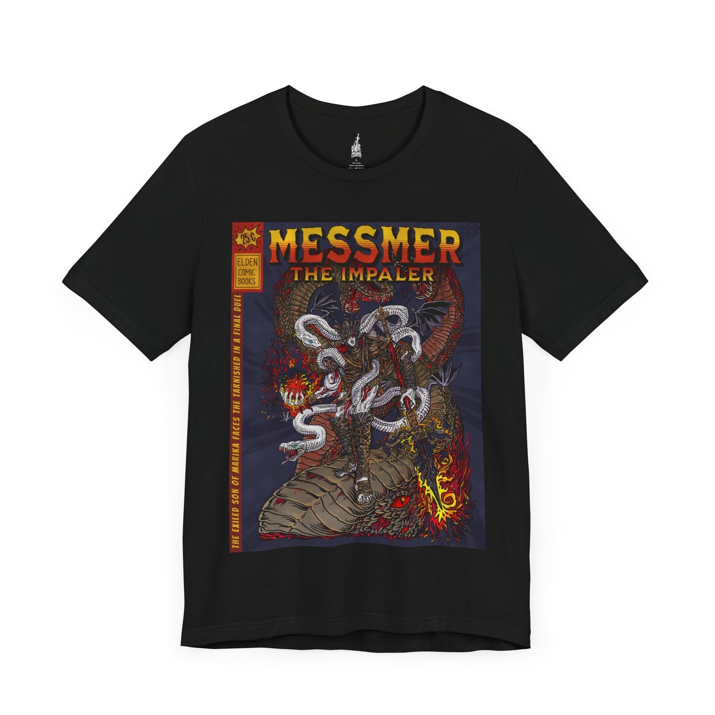 Image number 3 of a Black T-shirt featuring Messmer the Impaler in an 80s comic-inspired design, blending bold, retro artwork with the character’s imposing figure, perfect for Tarnished adventurers who appreciate a vintage comic style on their journey to becoming Elden Lord.