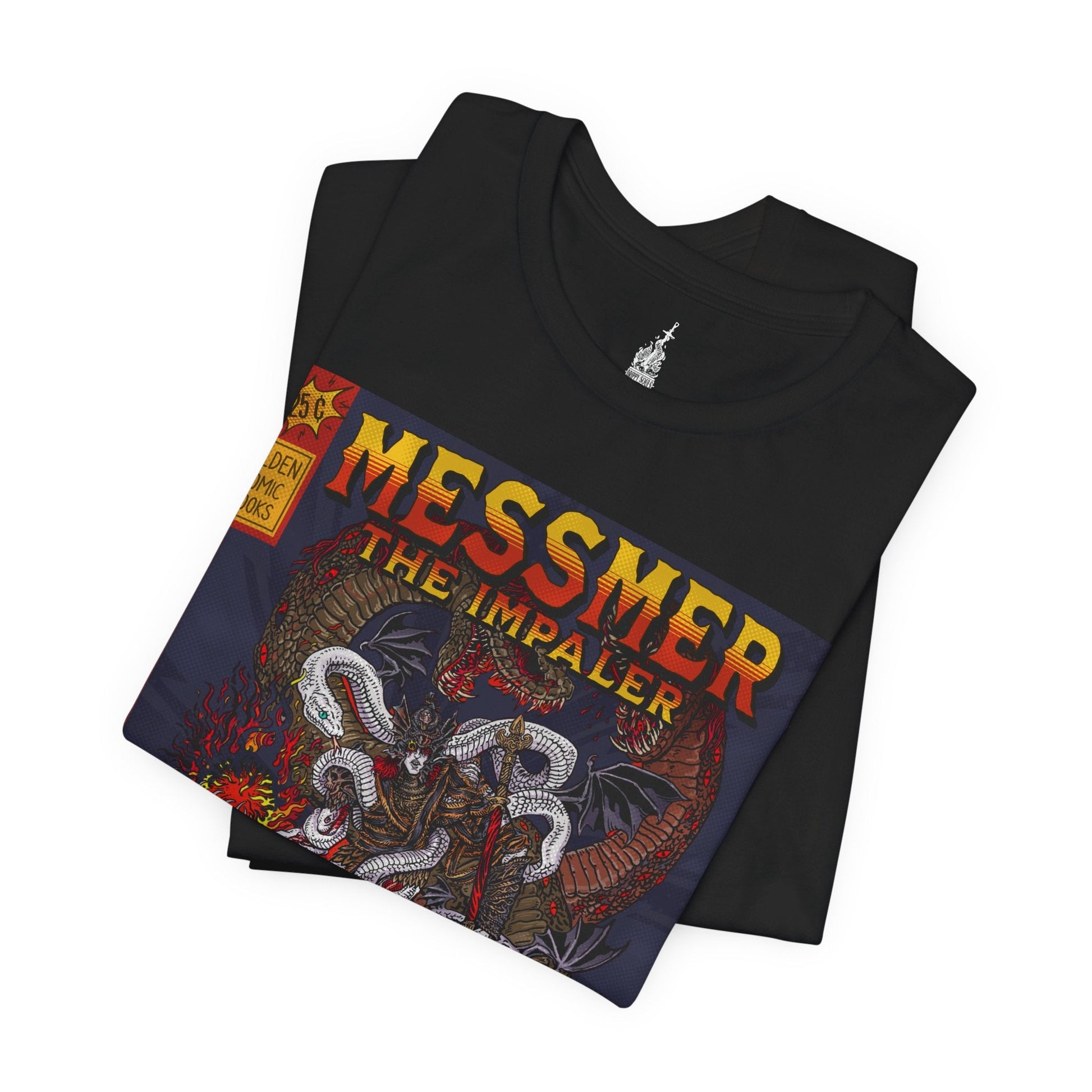 Folded T-shirt featuring Messmer the Impaler in an 80s comic-inspired design, blending bold, retro artwork with the character’s imposing figure, perfect for Tarnished adventurers who appreciate a vintage comic style on their journey to becoming Elden Lord.